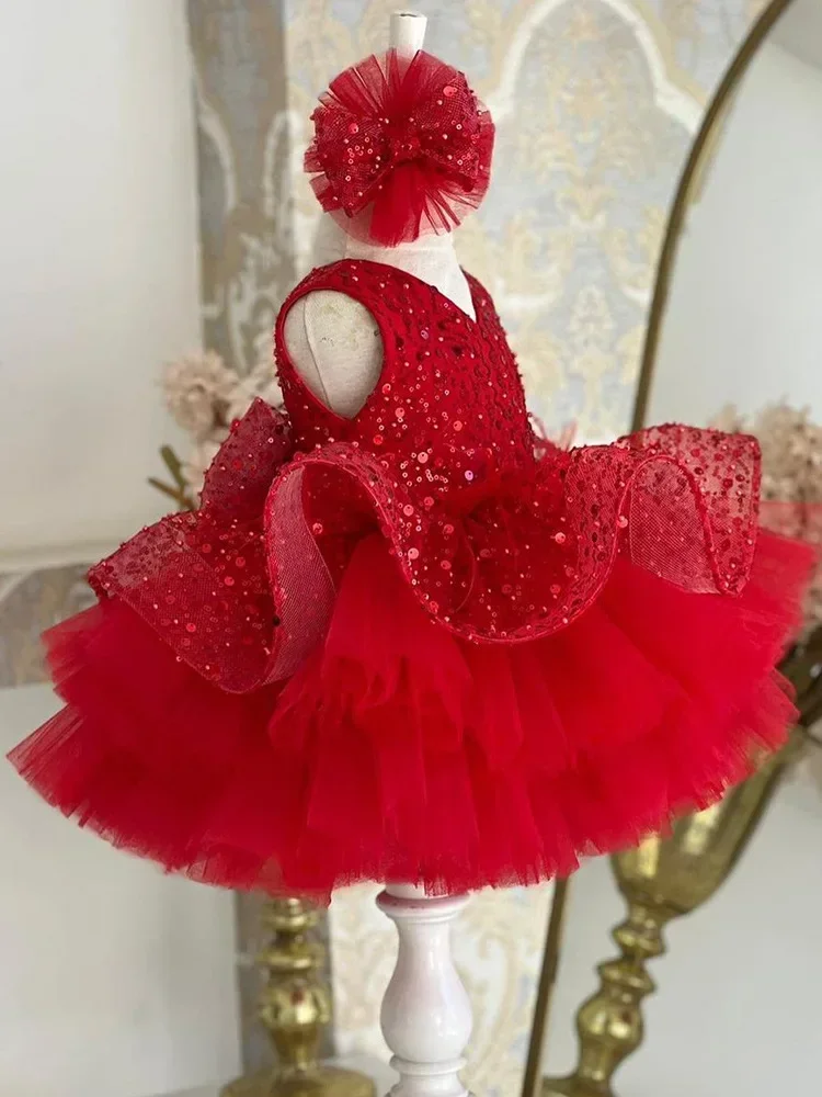 

Luxurious Red Baby Girls Dresses Layers Tulle Tiered Infant Girls Birthday Party Gown Christmas New Year Dress Gift 1-11Years