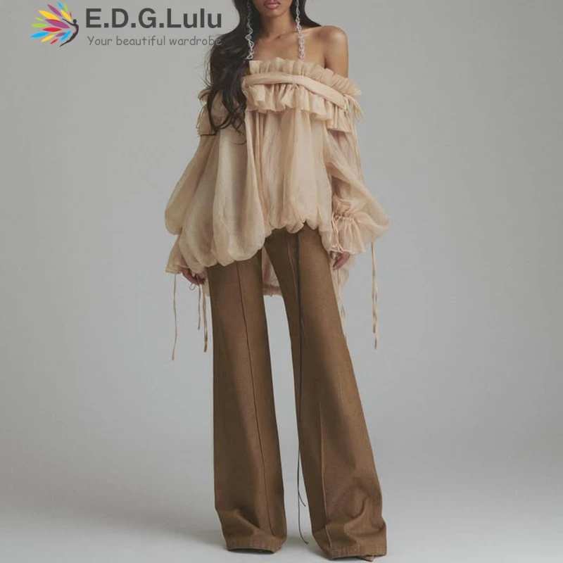 

EDGLuLu сексуальный топ с открытыми плечами на одно плечо, расклешенный рукав, новинка лета 202, сетчатая свободная милая блузка с квадратным воротником и оборками 0930