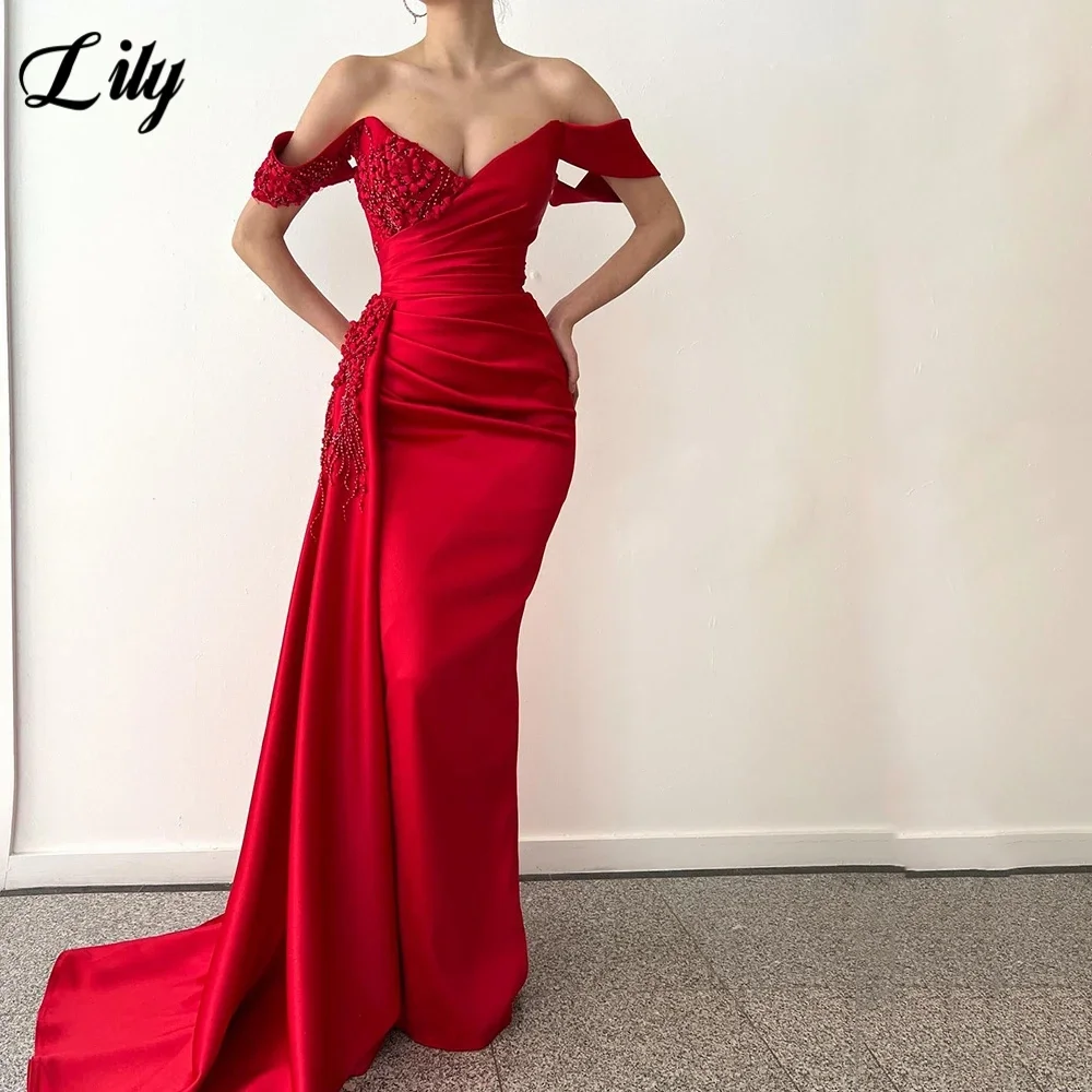 Lily Red Elegant Prom Dress with Beads Sexy Sweetheart Off The Shoulder Evening Gown for Woman Satin Pleating Formal Dresses