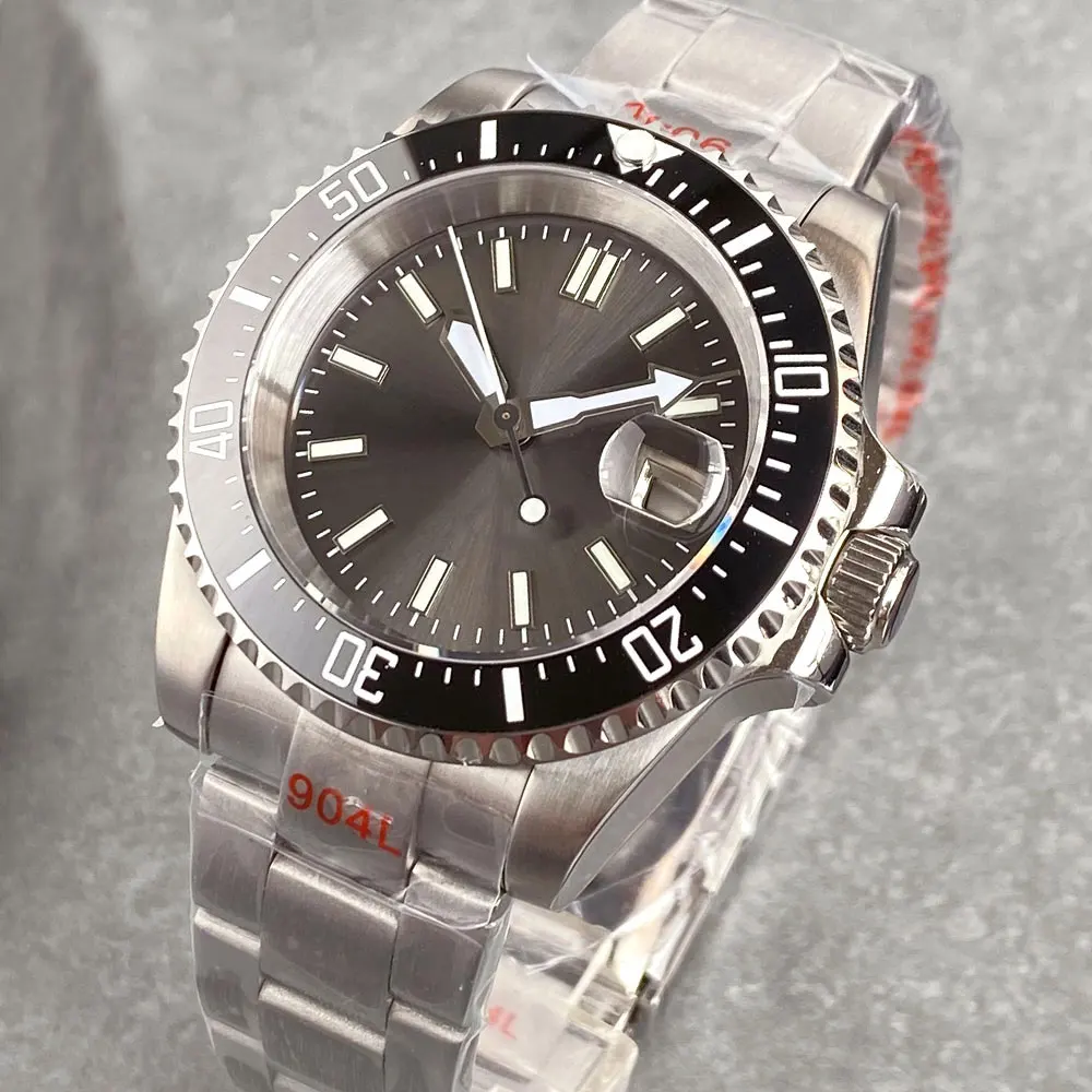 Customized 40mm Gray Sunburst Dial NH35A Movement Diver Automatic Watch Men Date Sapphire Glass 316L Bracelet Slide Buckle