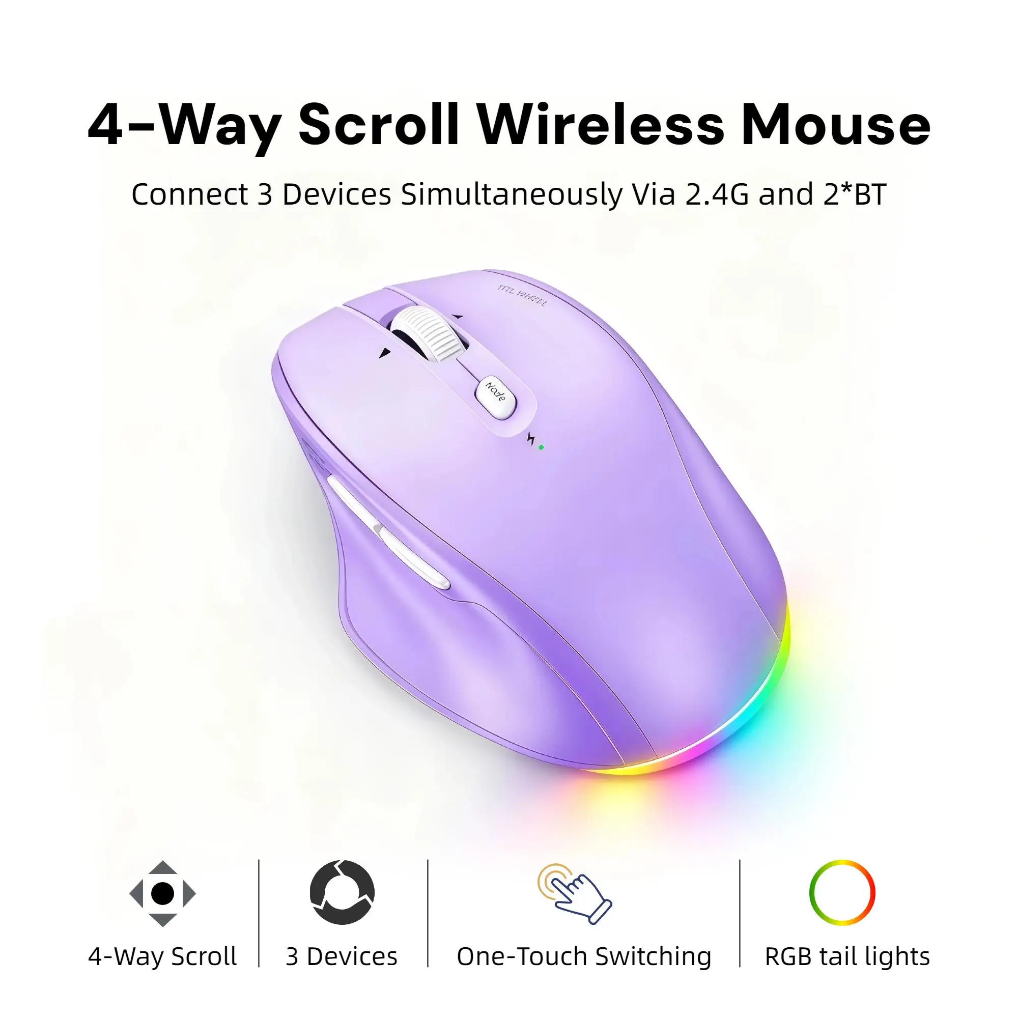 Wireless Bluetooth Mouse Tri-Mode 2.4G, Multi-Device 4 Adjustable DPI 800/1200/1600/2400, 4-Way Scroll RGB Ergonomic Rechargeable USB-C Mouse, 90-Day Standby for Windows Mac iPad