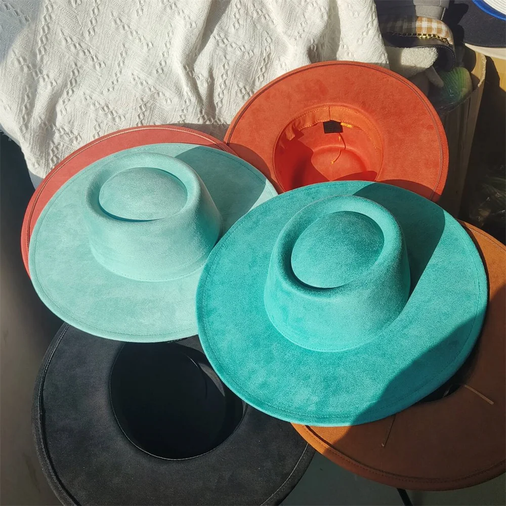 Neue Farbe Nubuk leder Fedora Hut für Frauen Männer Flat Top Wolle Zylinder Herbst breite Krempe Luxus Sombrero Mujer Strass