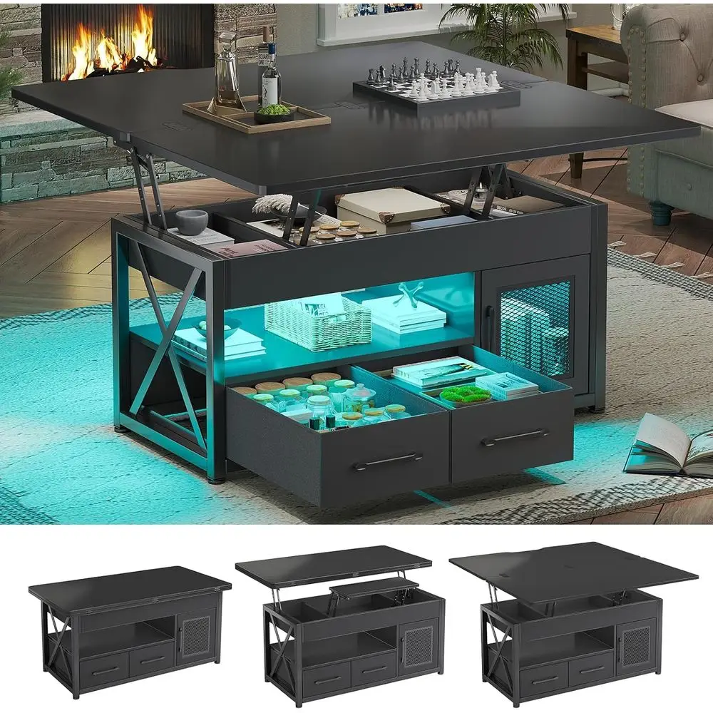 

40 LED-Lit Coffee Table, 4-in-1 Storage Cabinet, Fabric Drawers & Dining Room Option, Black