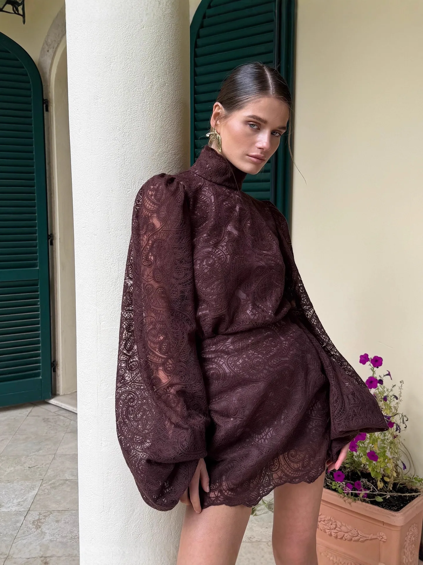 

Lady Elegant Hollow Out Lace Short Dresses Trendy Long Sleeve High Neck Mini Vestidos 2025 New Chic Autumn Night Club Gown