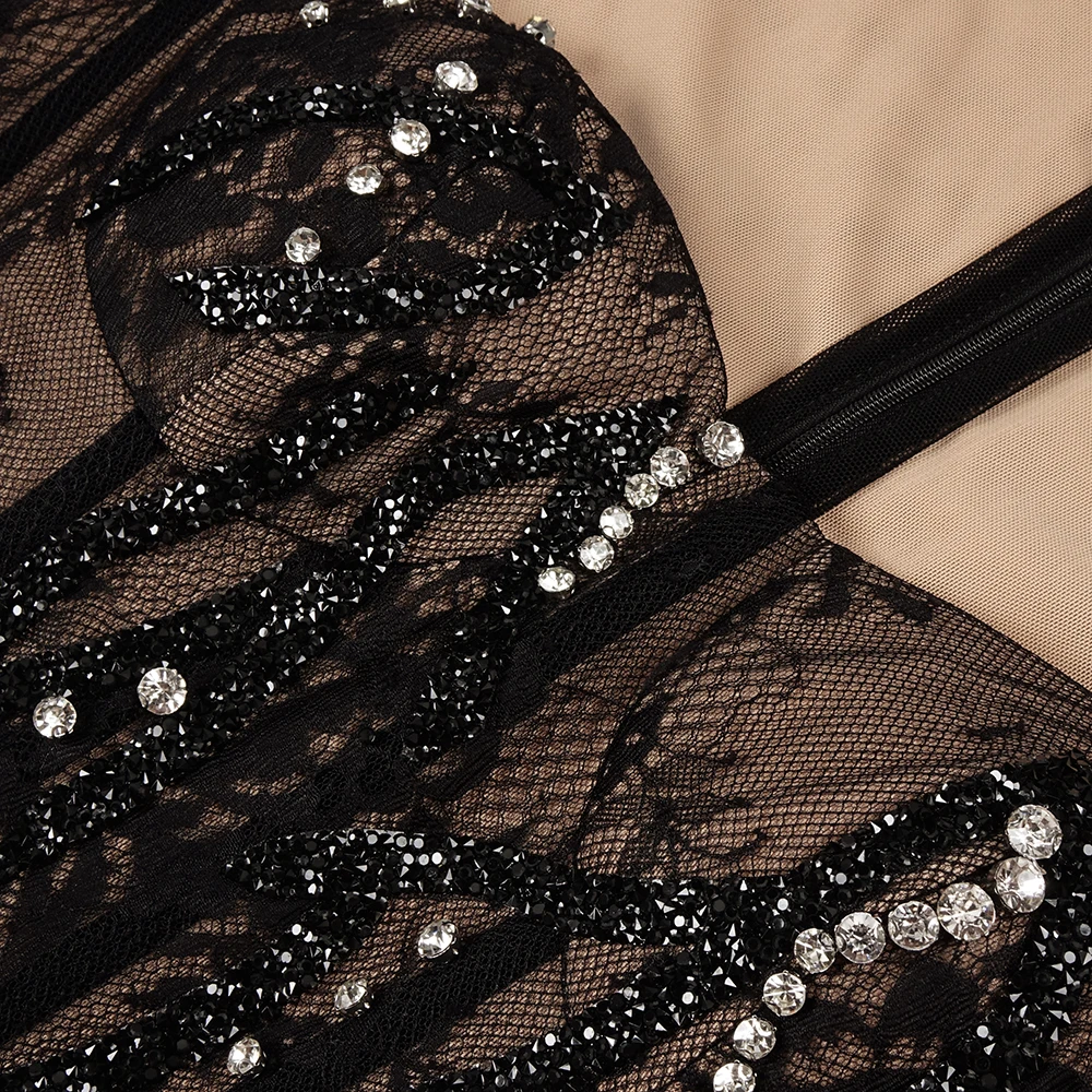 VC élégant Sexy noir paillettes perle dentelle-transparent manches longues robe sirène pour événement formel robe de dîner