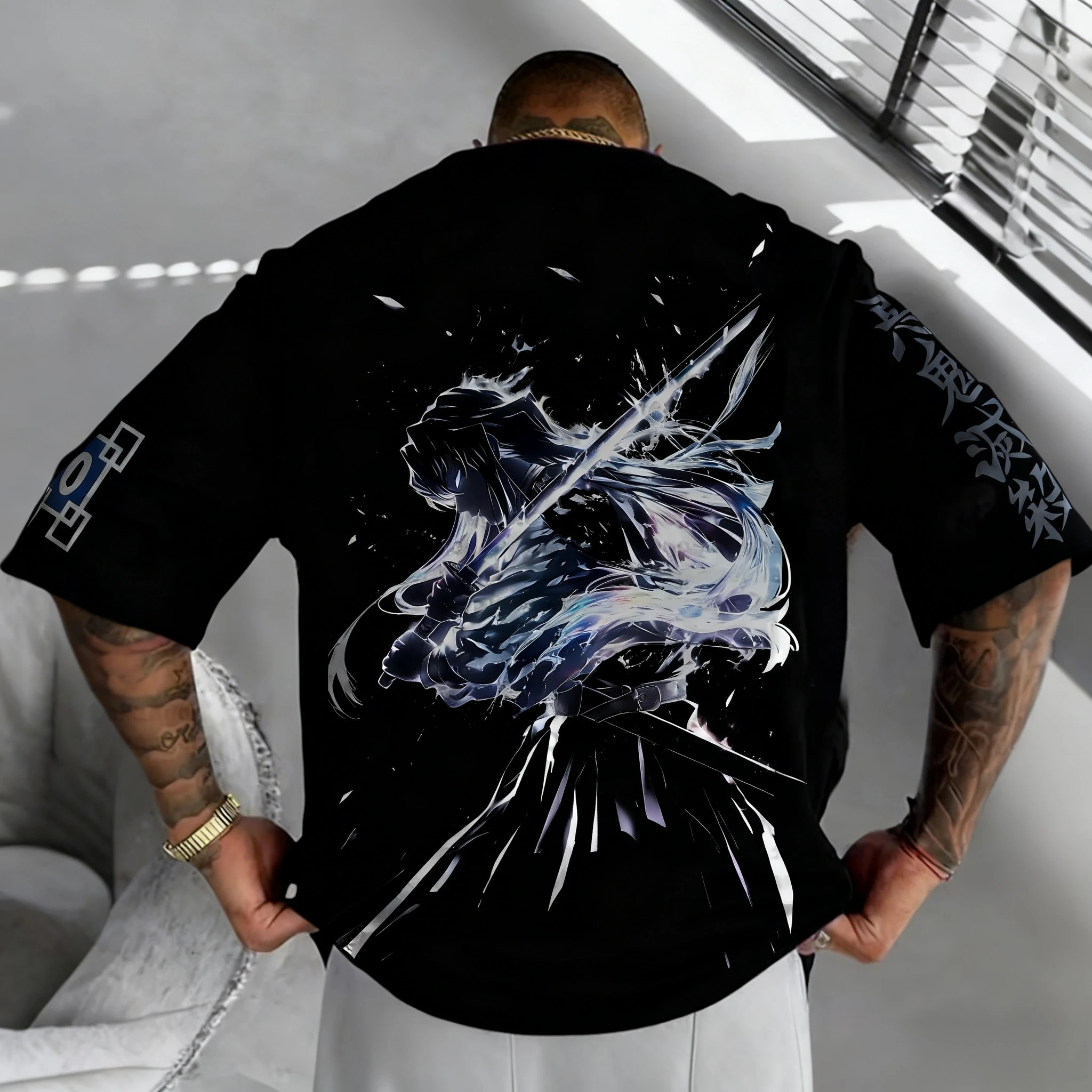 

Demon Slayer Anime Tokitou Muichirou Printed T-shirt 2025 Men's Summer New American Y2K Hip Hop Casual Loose Parent Child Top