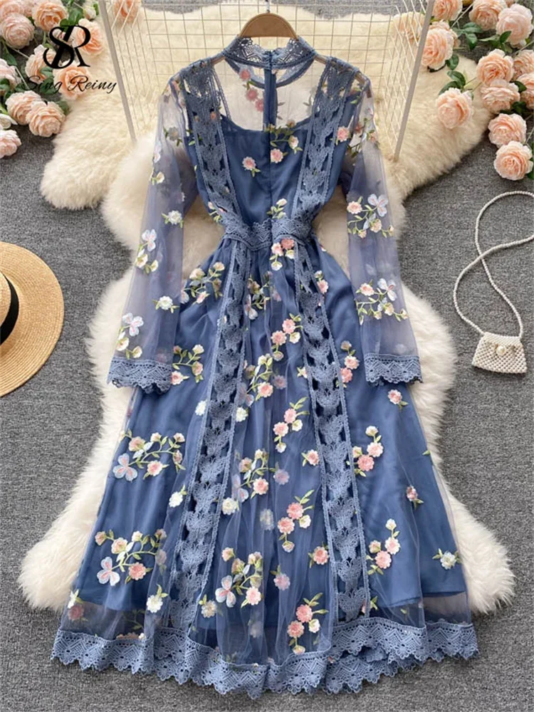 SINGREINY Autumn Gauze Sweet Party Dress Women Embroidery Long Sleeve A Line Female Fashion Streetwear Long Print Evening Dress