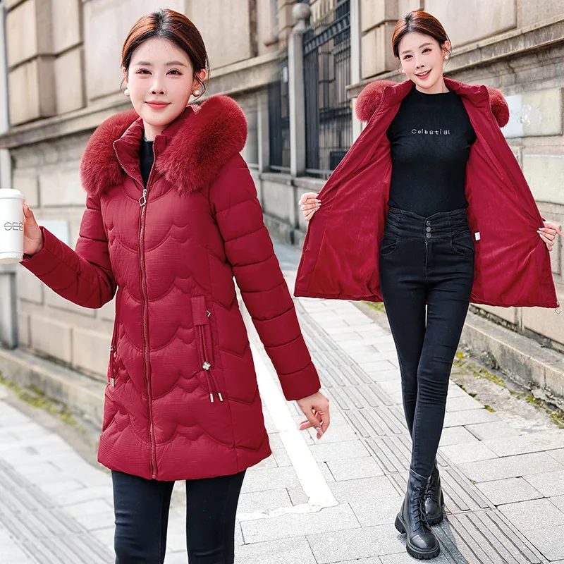 Women Hooded Parkas Coats Mid Lenth Jackets Solid Zipper Fur Collar Long Sleeves Straight Fit Thick Casual 2025 Autumn Winter