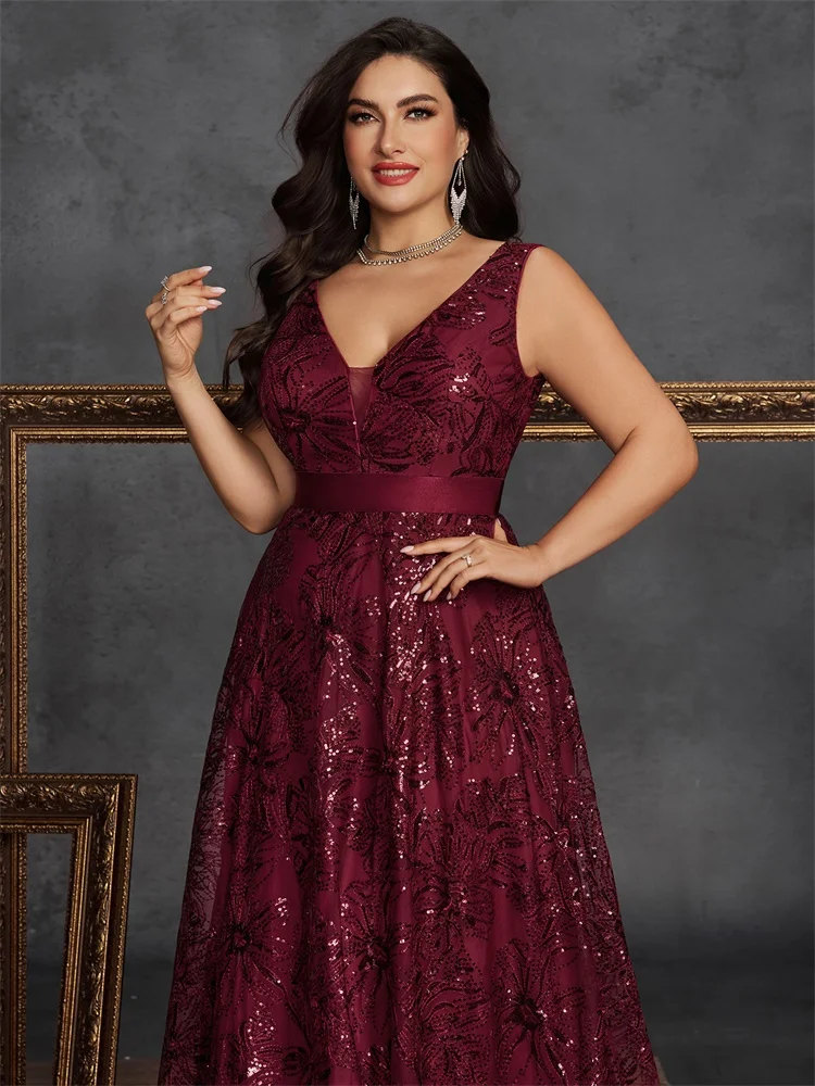 Lucyinlove Plus Size Luxury Deep V-Neck Sequins Evening Dresses Women Elegant V-back Wedding Party Long Prom Cocktail Gowns