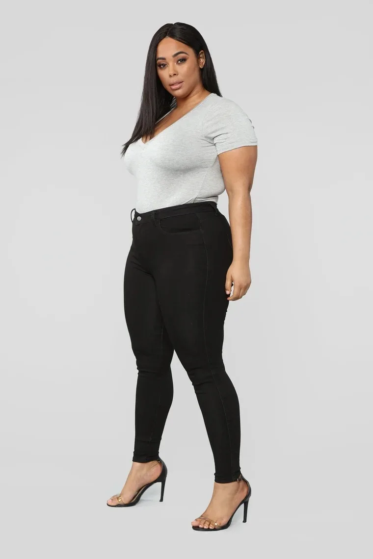 Calça jeans de cintura alta de cintura alta feminina, jeans slim, roupa casual feminina, preto e branco, plus size, XL-4XL, novo, moda, 2023