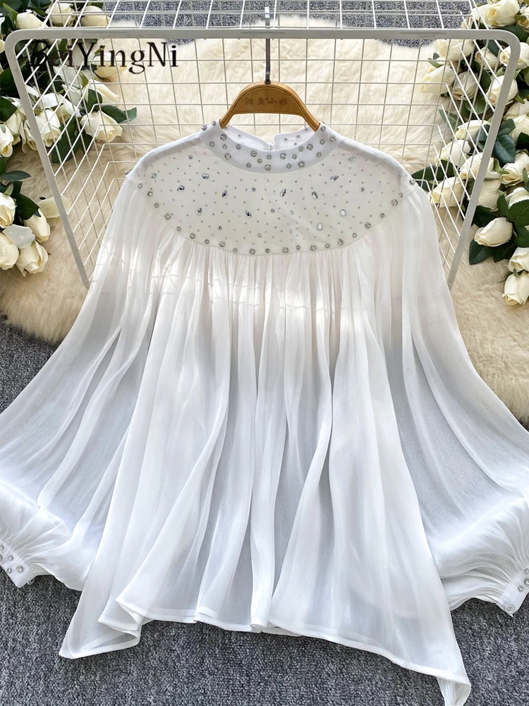 

Beiyingni 2025 New Style Women Loose Blouses Tops Beading Thin Mesh Perspective Long Sleeve Shirts Ladies Fashion Elegant Blusas
