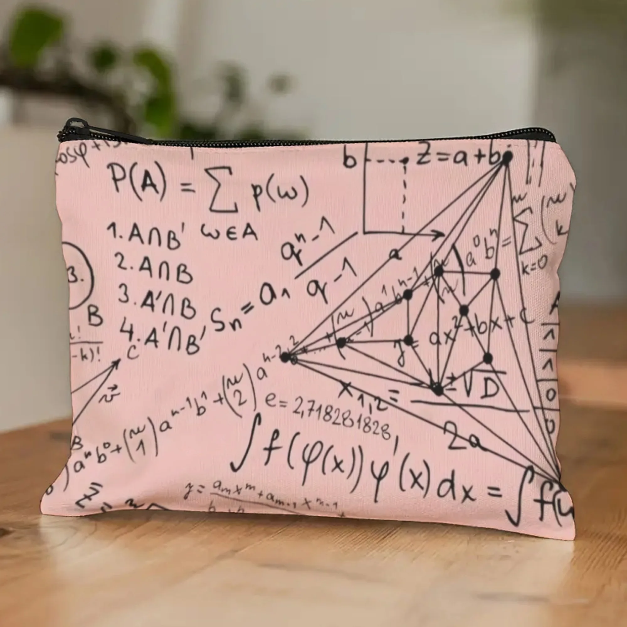 

Vintage School Inspire Chalkboard Pink Makeup Bag Handwritten Math Formulas with Chalk Texture Aged Edge for Stationery Storage