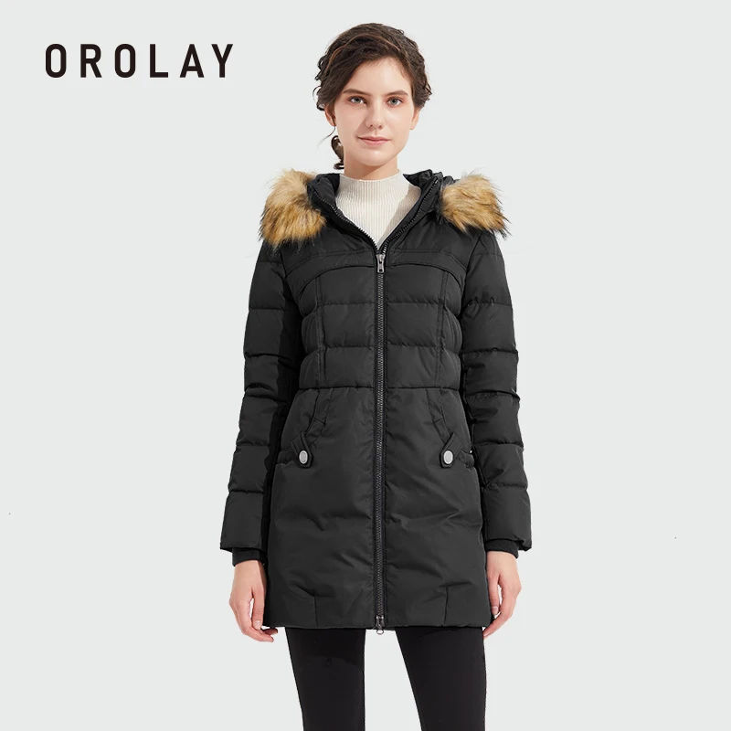 

Orolay Women's Light Down Jacket Fur Trim Hooded Winter Coat Stand Collar Parka