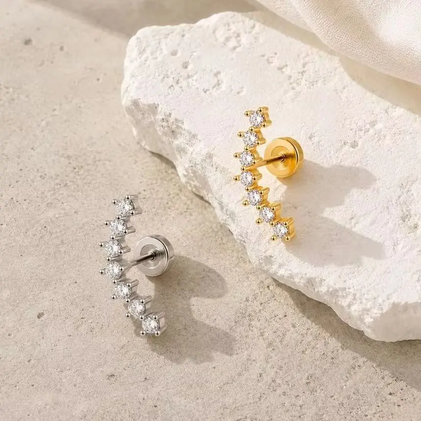 Stainless Steel Cubic Zirconia Stackable Stud Earrings Fashion Gold Plated Geometric Cartilage Piercing Daily Jewelry Rust Proof