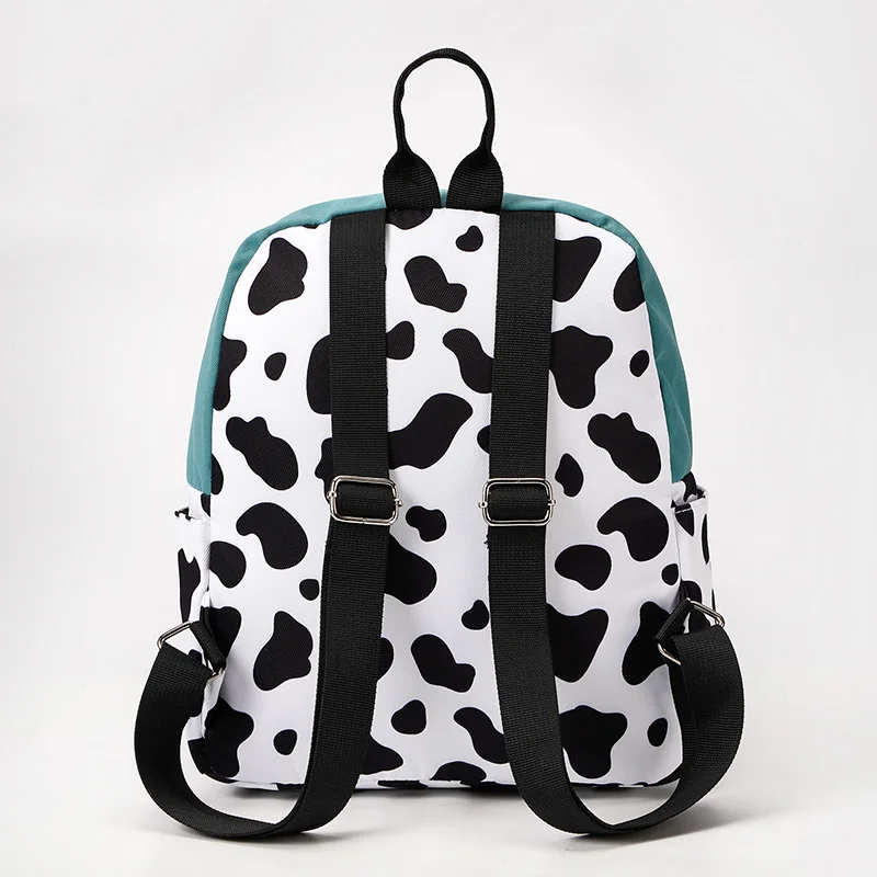 Women Mini Backpack Casual Cow Pattern Printing Daypack Small Green White Patchwork Shoulder Bag Teenage Girls Leisure Rucksack