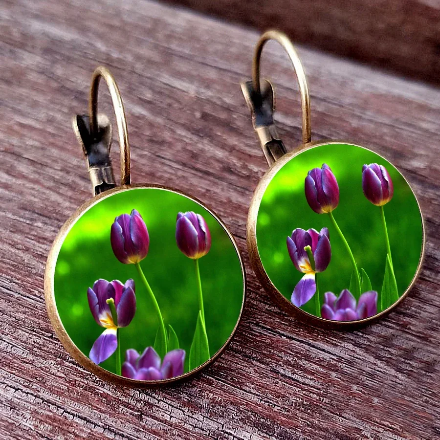 2024 French Fashion Blue Rose Purple Lilac Earrings Sunflower Stud Earrings Tulip Earrings Flower Glass Cabochon Dangle Earring