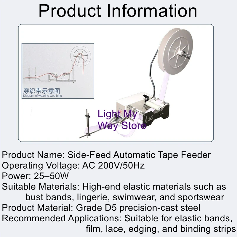 Automatic Side-Feed Tape Feeder for Flatbed Stretch Fabric Machines; Fabric Feeder for Overlock and Edge-Binding Machines