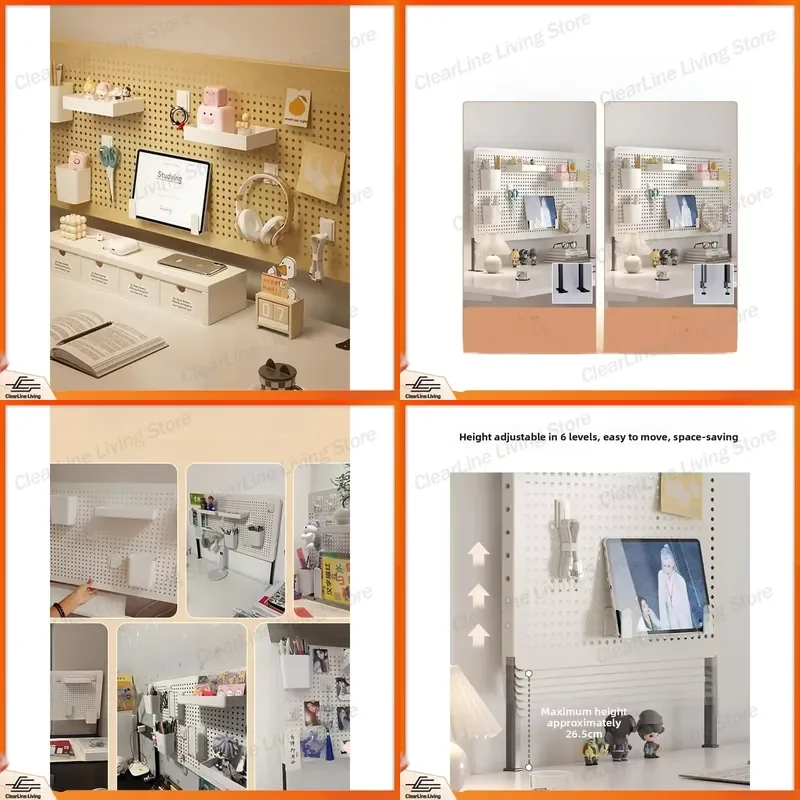 Wall Mounted Desktop Pegboard Storage Rack Office Desk Bookcase Metal Hole Board Organizer No Drilling Required