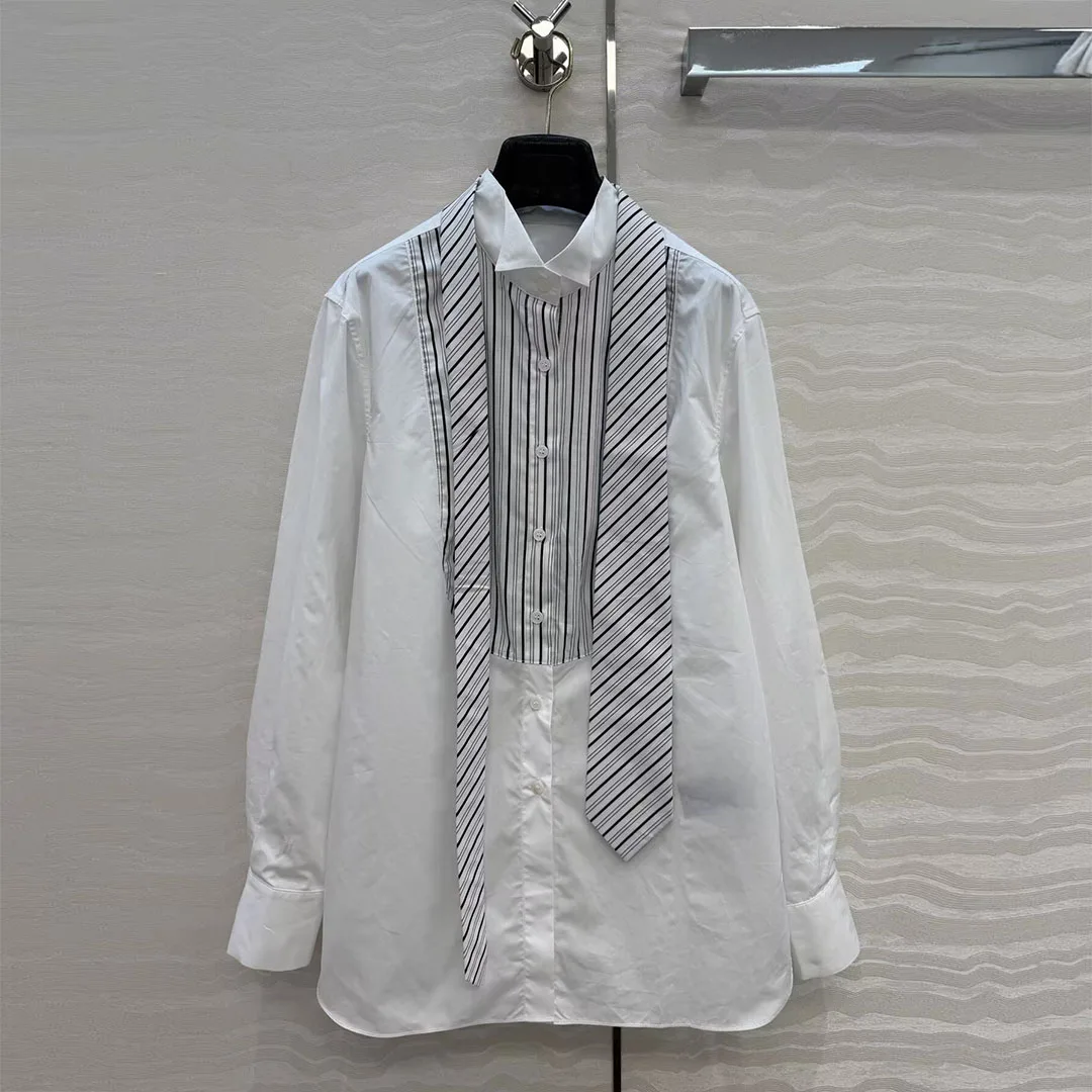 

French Elegant Fashion Loose Shirt Women Vertical Stripe Tie Splicing Design Lapel Long Sleeve Loose Casual Blouse