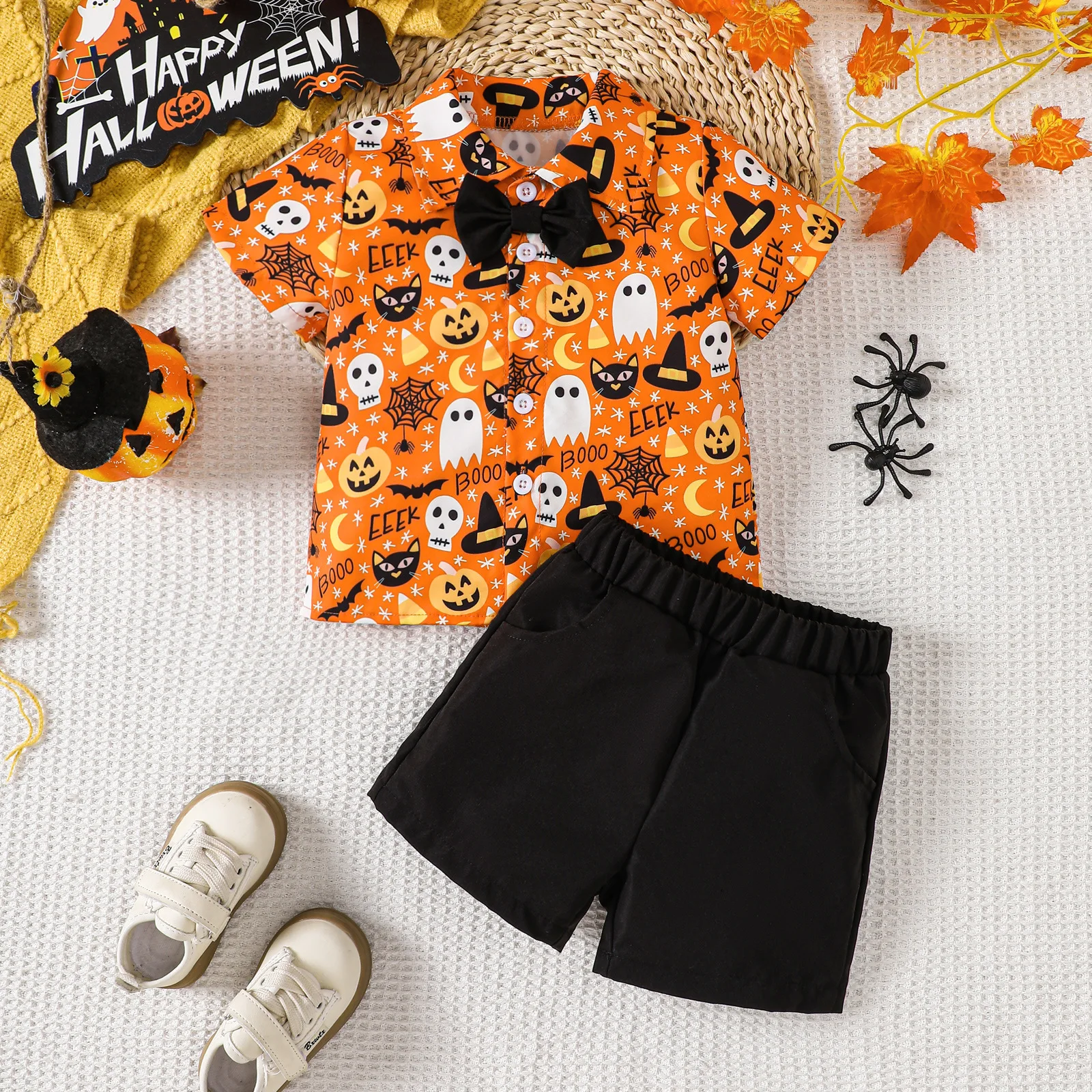 

Halloween Boys Ghost Print Short Sleeve Shirt Elastic Waist Shorts Little Gentleman Set Cute Spooky Party Wear 3-8 Years