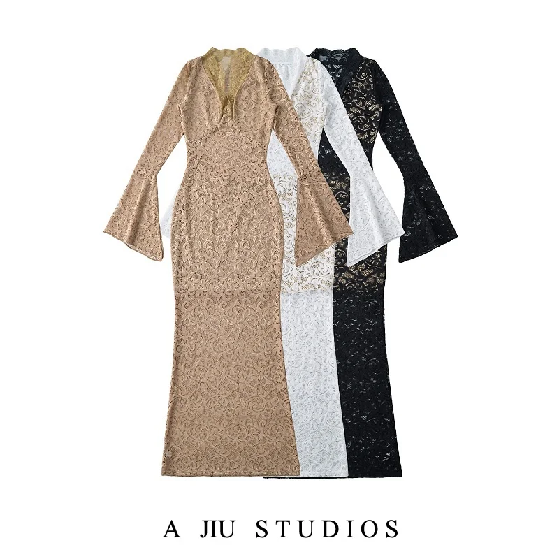 

Sexy White Long Sve Lace Hollow out V-ne Dr Women's Spring Tight Fit Bodycon Fi Tail Long Dr Tight Waist Design