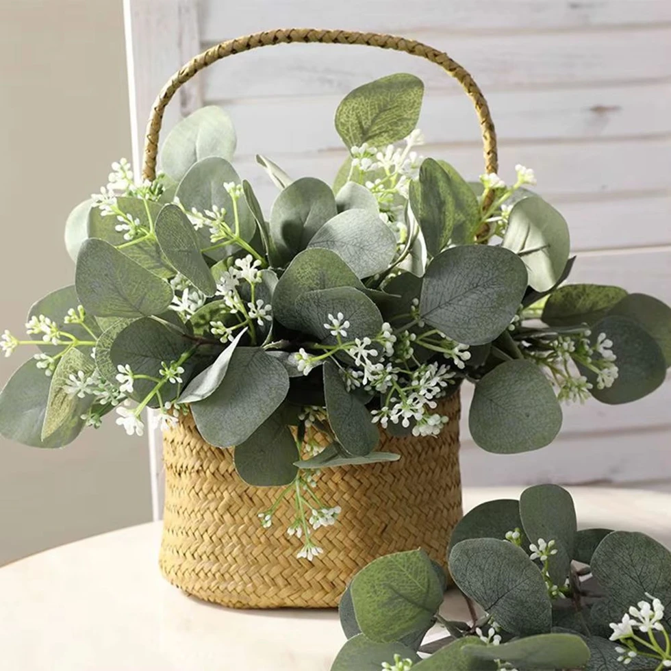 Haste de hoja de eucalipto Artificial, rama de eucalipto que lleva flores, ramos de boda, coronas verdes, mesa de comedor para el hogar, decoración fresca
