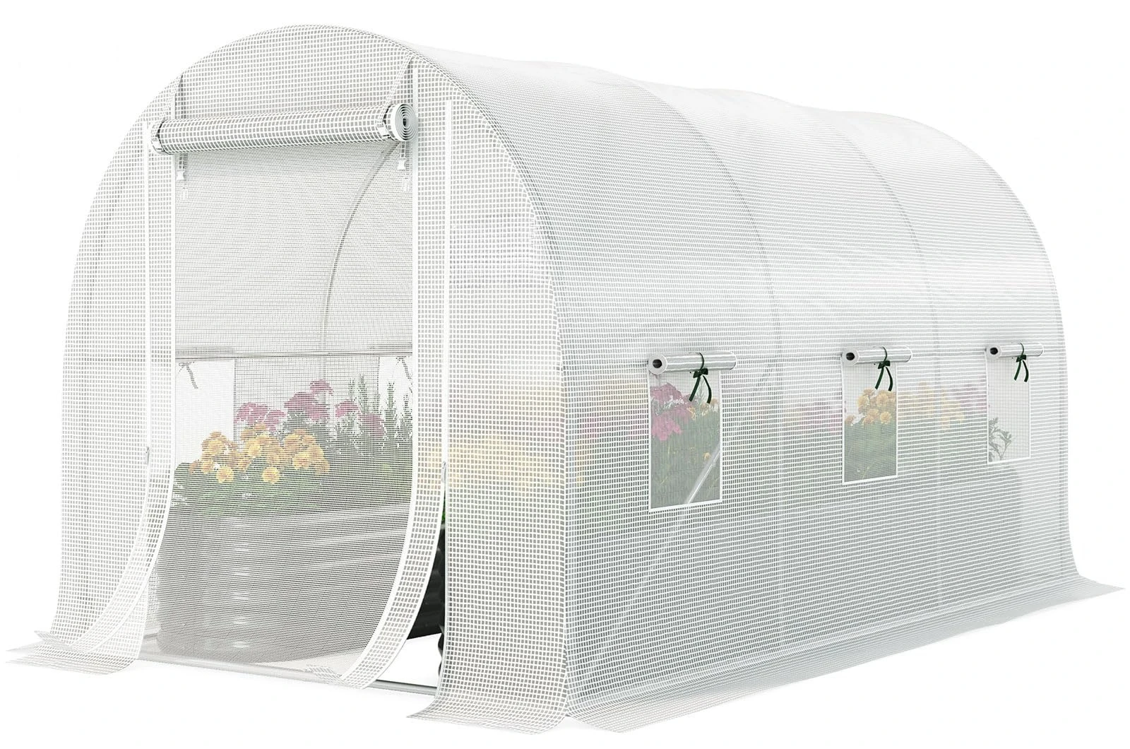 Walk In Tunnel Greenhouse, Outdoor Garden Plant Sun Shelter, Backyard Hot House With Mesh Screen Door, Galvanized Steel Frame Winter Plant Tent With Roll Up Windows, White