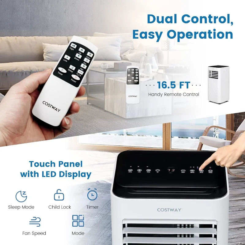 مكيف هواء محمول من COSTWAY، وحدة تيار متردد 10000 وحدة حرارية بريطانية مع مروحة باردة ومزيل رطوبة ووضع للنوم للغرف حتى 350 قدم مربع
