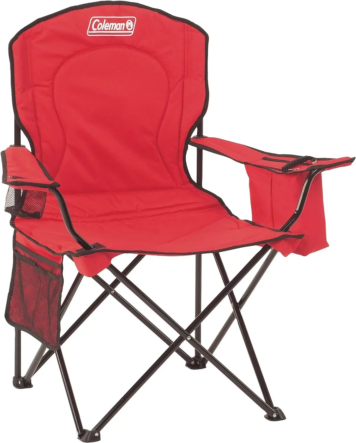 

Portable camping chair with 4 can cooler, fully cushioned seat and back with side pockets and cup holder foldable chair