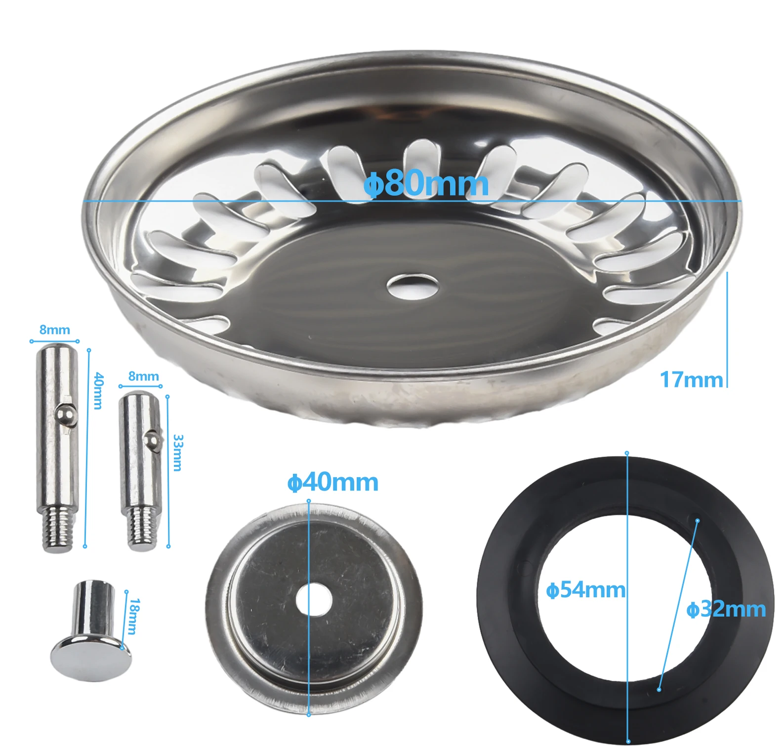 Kitchen Sink Strainer Replacement Stainless Steel Waste Basin Drain Filter For Bathroom 80mm/82mm/84mm 2 Sizes Fixing Pin