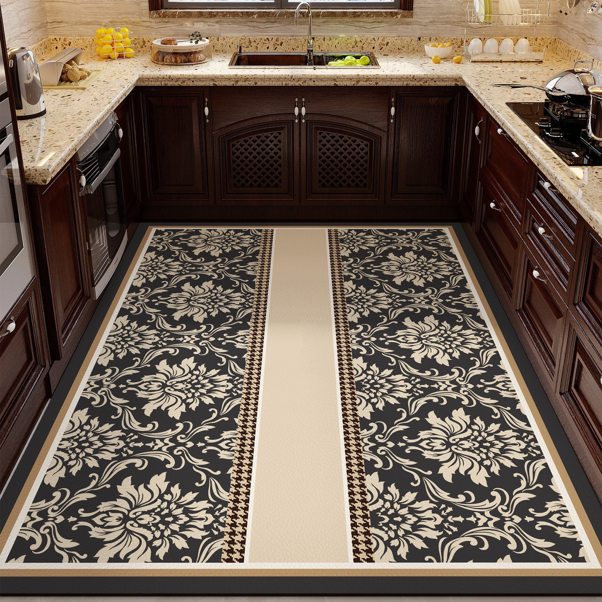 Vintage Floral Light Luxury Kitchen Floor Mats Wipeable No-clean PVC Leather Rug Dirty Resistant Oil-proof Mat Anti-slip Rugs 러그