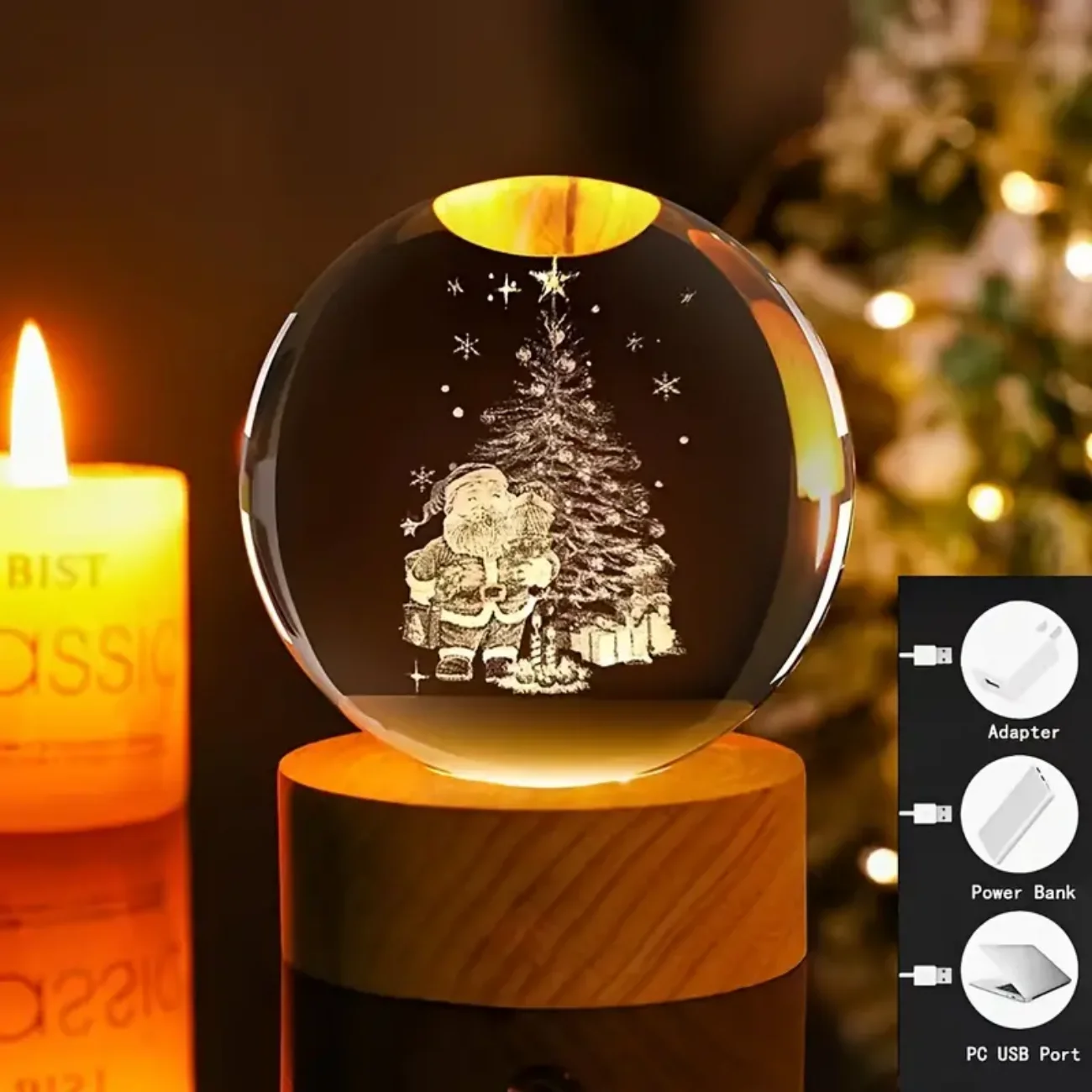 Santa 3D laser carved crystal ball with colored lights, living room bedroom home decorative lights, table decoration glass ball