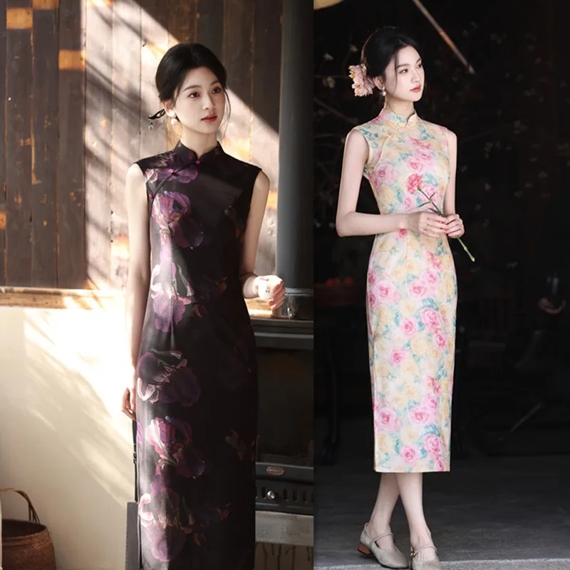 

Ретро-ципао в гонконгском стиле без рукавов, удлиненное, летняя коллекция 2026, улучшенная версия, новый китайский стиль, повседневное ципао в стиле старого Шанхая