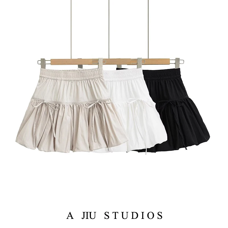 

Sweet And Spicy Knot Decorated High Waist A-Line Skirt Elastic Waisand Girl's ort Skirt Flower Bud Skirt