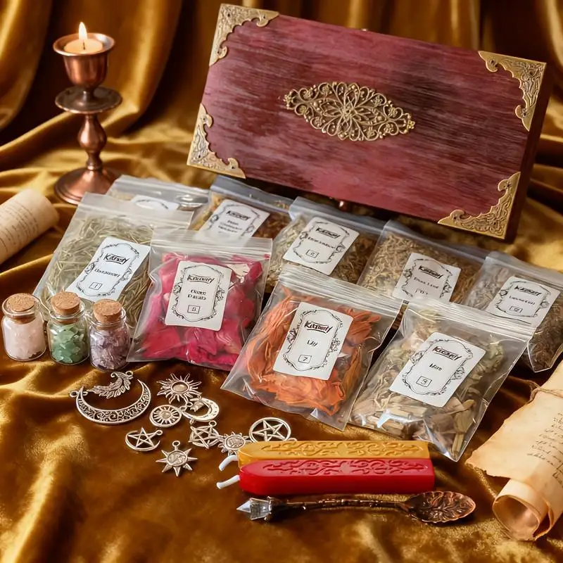 26Pcs Vintage Witchcraft Spell Jar Kit, Complete Witch Starter Set with Spell Candles, Crystals & Dried Herbs, Multi-Tool Ritual Supplies for Beginners & Advanced Witches