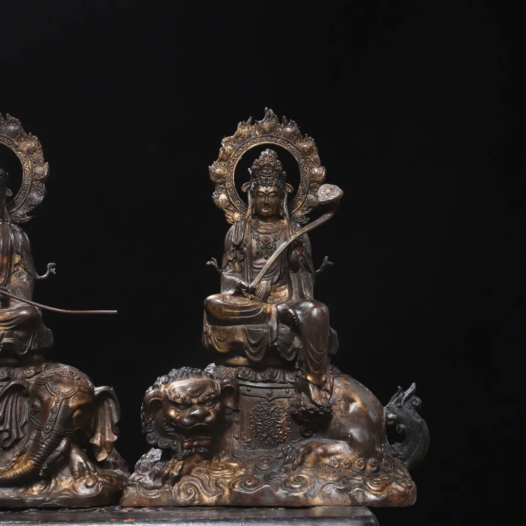 Old Bronze Gilded Cinnabar Mud gold Manjusri Bodhisattva Buddha Samantabhadra Bodhisattva mythical beast mount Worship Hall