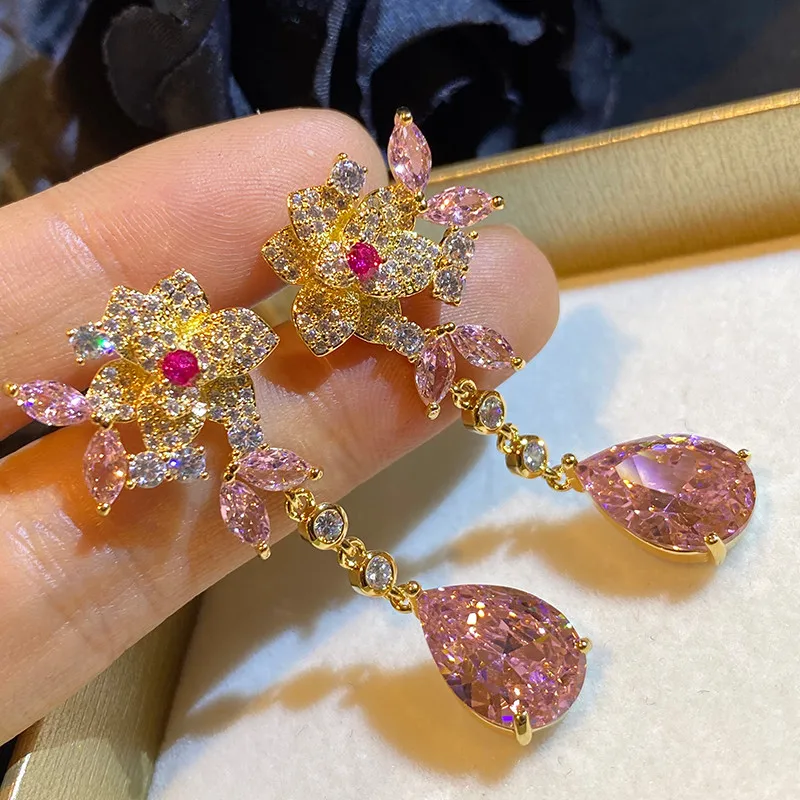

New light luxury flower long water drop earrings