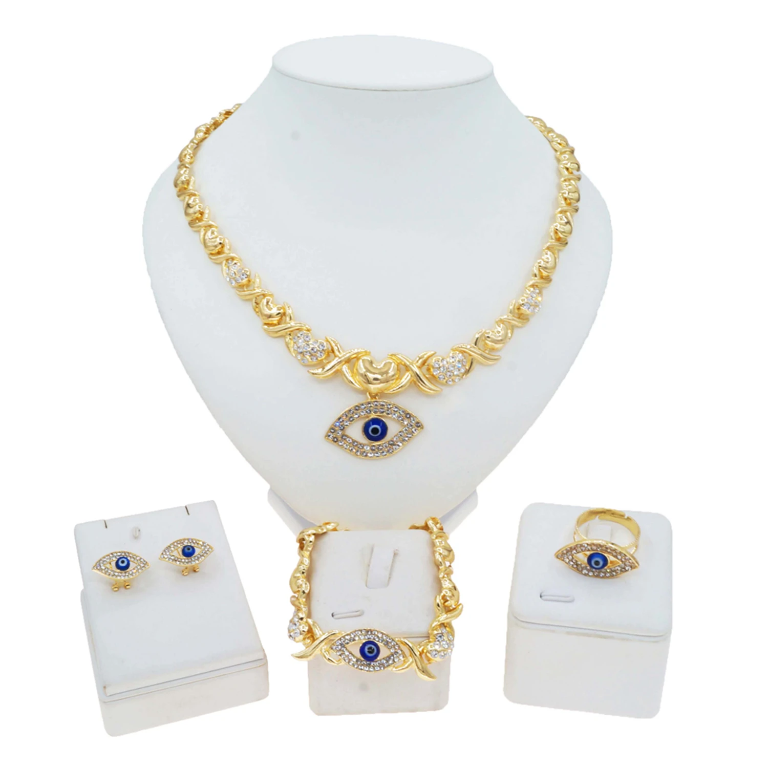 2024 Hotselling Devil's Eye Heart XXOO With Rhinestones Jewelry Necklace Bracelet Earrings Charm Luxury 4PC Set Free Shipping