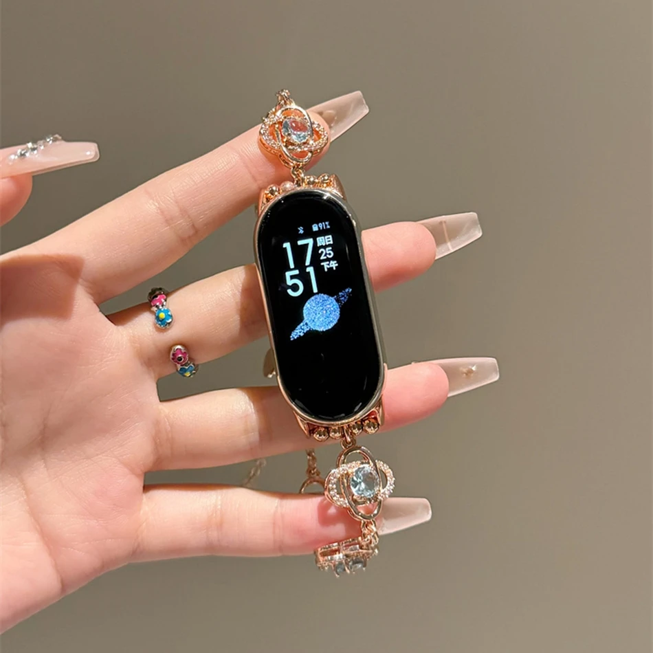 Luxury Loop Flower Diamond Strap For Xiaomi Mi Band 9 8 7 Pro Miband 6 5 4 3 Wristband Telescopic Bracelet Replace Watch Band