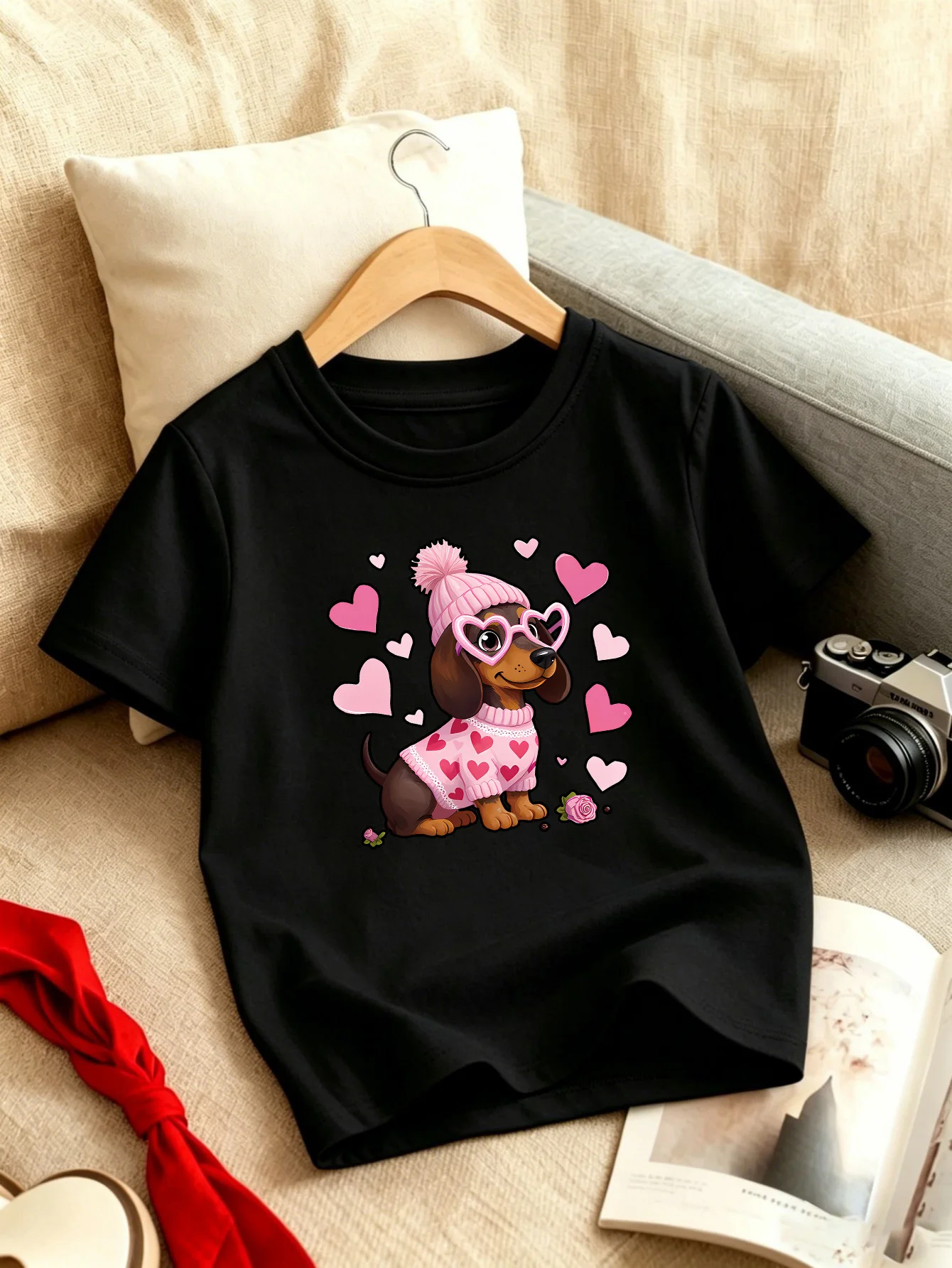Sweet Heart Dachshund Puppy Cartoon Print Boys Girls Family Matching Cotton Short Sleeve Crew Neck Soft Summer Kids Casual Tees