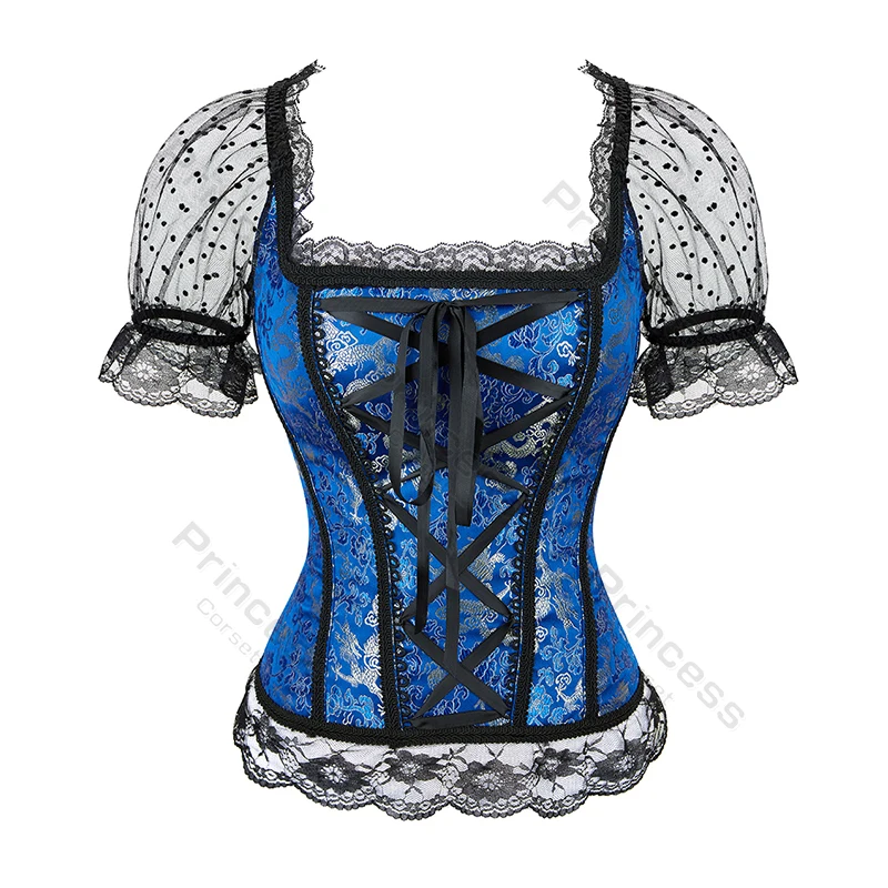 Gorset z rękawami Księżniczka Gorset Koronkowy top Kwiatowe gorsety dla kobiet Plus Size Vintage Gorset Bustier Lace Up Różowy Niebieski Złoty