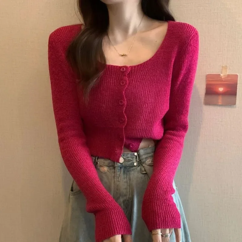 Pure Desire Aesthetic Chic Elegant Square Collar Knitted Top For Women Slimming Cropped Long Sleeve Top For Spring Autumn