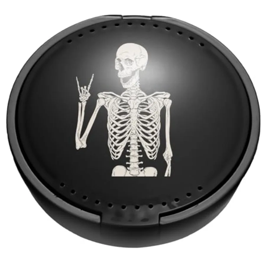 Retainer Case, Denture and Mouth Guard Orthodontic Aligner Case With Mirror and Ventilation, Black Skull