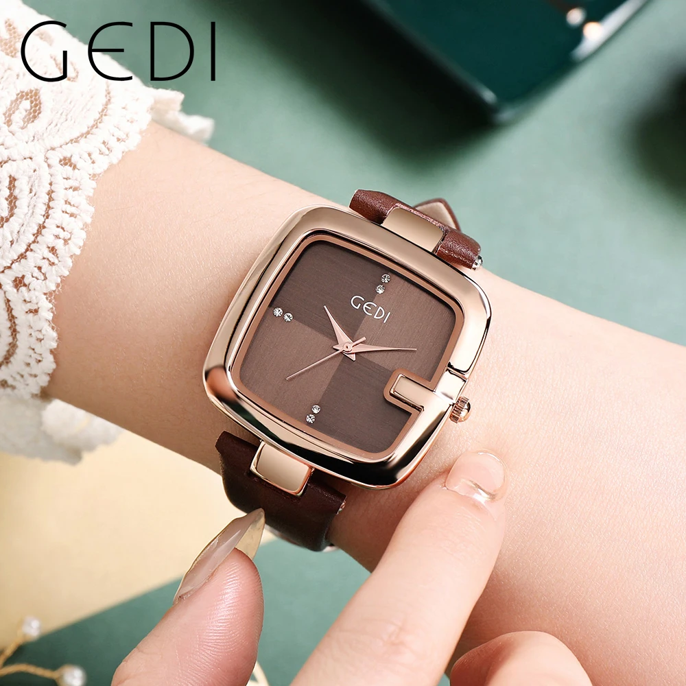 GEDI Minimalist Women Watch Top Brand Luxury Square Shaped Ladies Casual Quartz Wristwatch PU Leather Band Water Resistance 30m