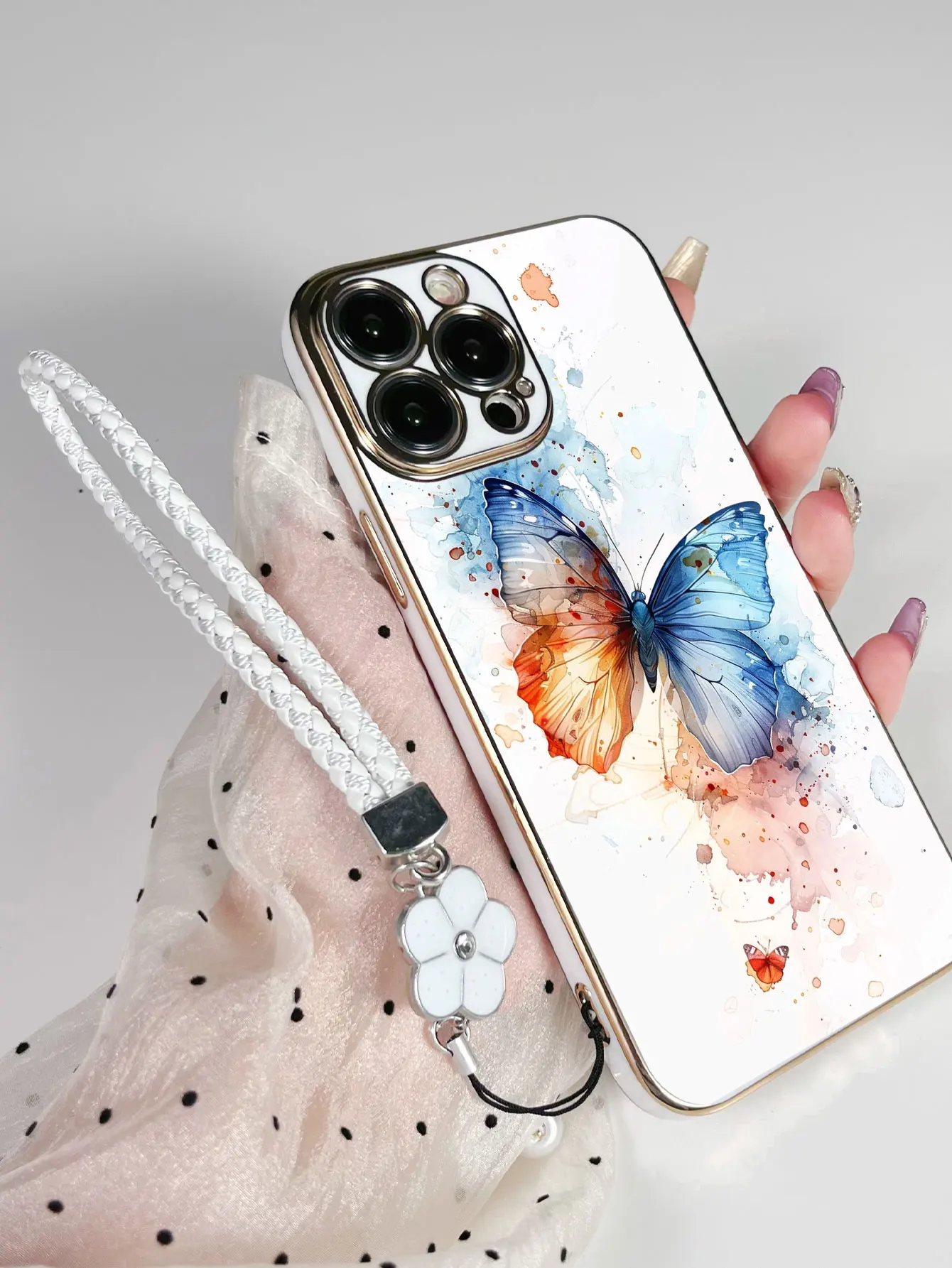 Luxury Plating Flowers Butterfly Pattern Lanyard Painted Phone Case For iPhone 17 14 13 Pro Max 16 15 Plus Protective Back Cover