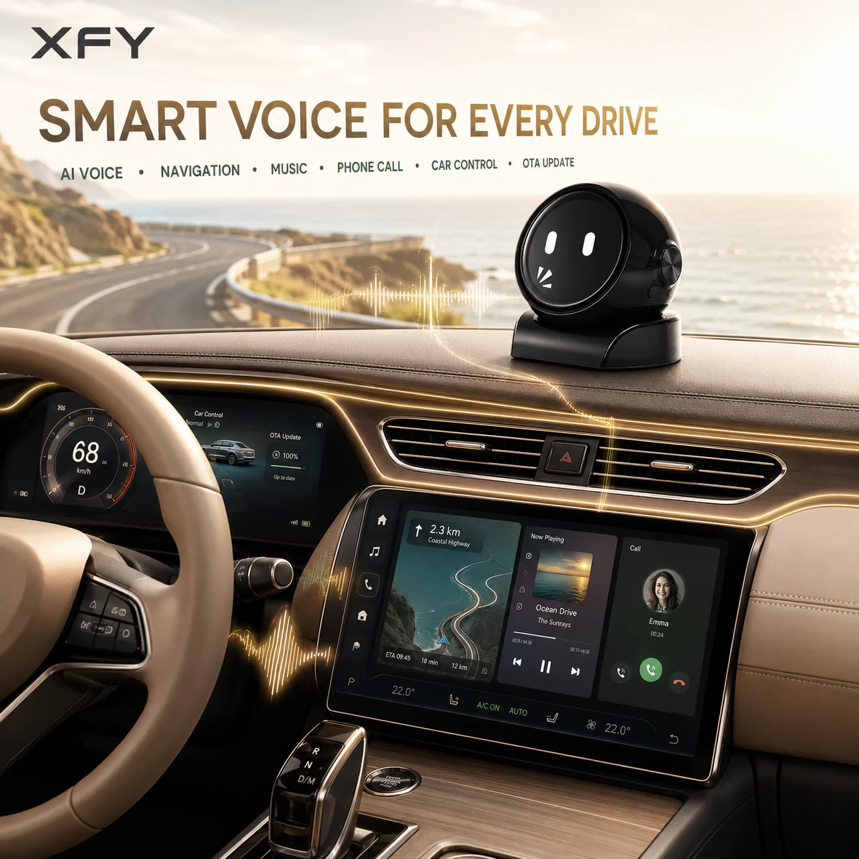 XFY X-01 AI Voice Robot for Car, Hands-Free Voice Control, Navigation & OTA Update, Compact Black 5V/1A USB Dashboard Assistant