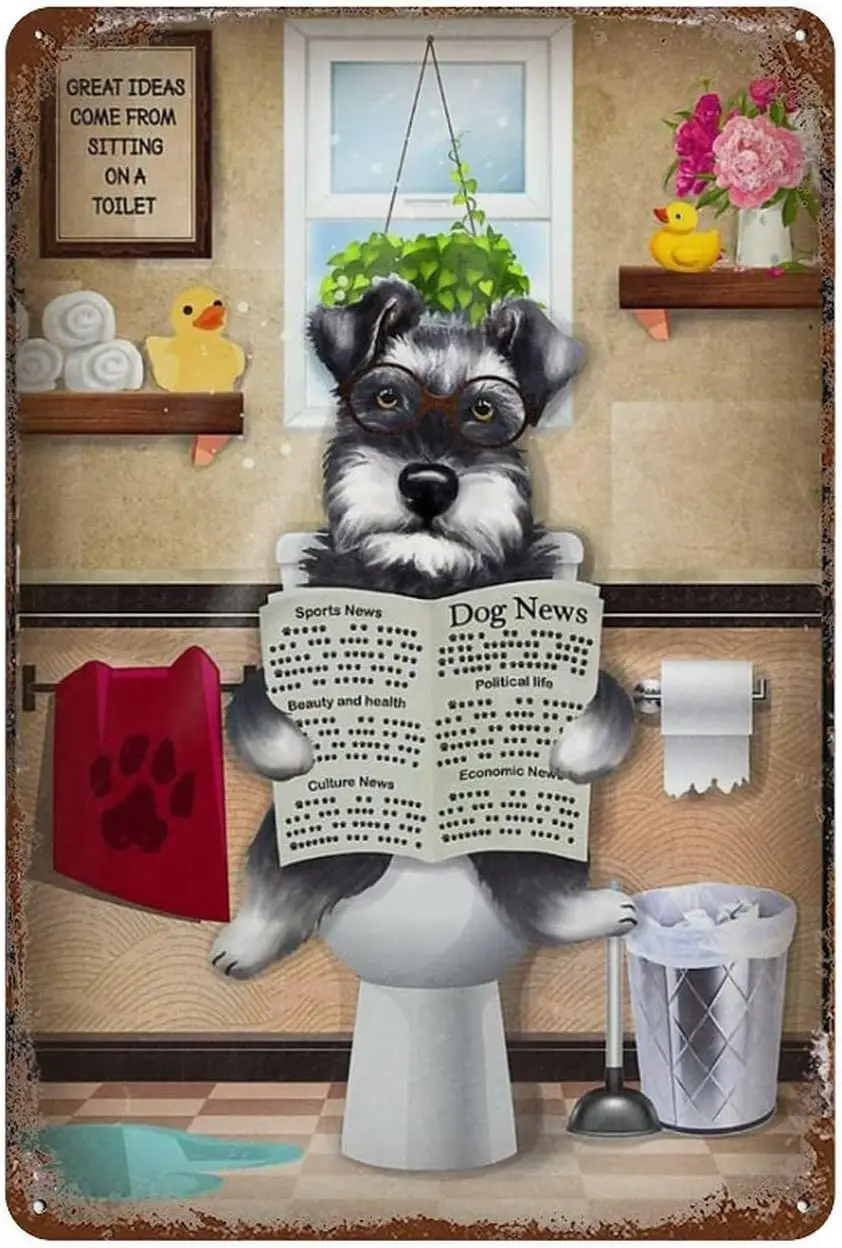 Vintage Retro Plaque Poster Metal Tin Sign Schnauzer Dog Read Newspaper Toilet Bathroom Funny Wall Art 8X12 Inch Suitable For Ho