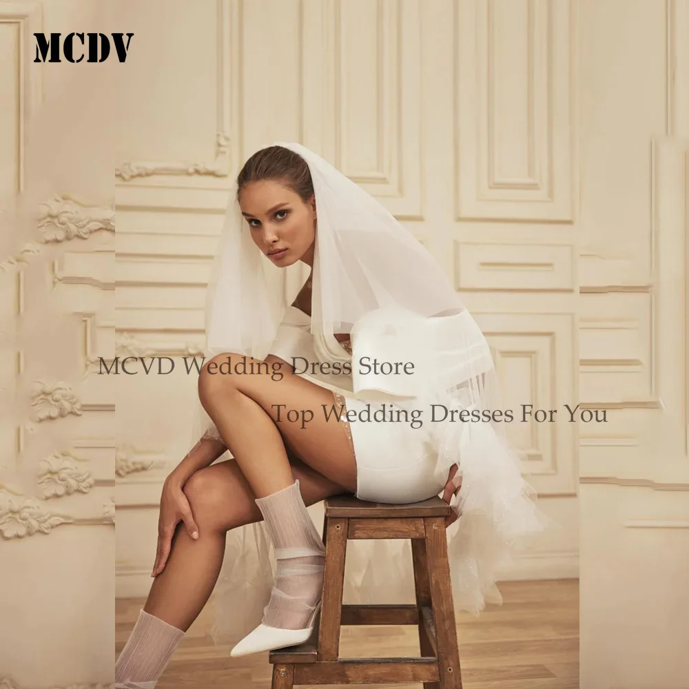 MCDV Off Schouder Mini Trouwjurken Corset Terug V-hals Satijn Korte Formele Bruid Feestjurk Robe de mariage Aangepaste