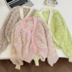 Bomon Y2K 2000's fashion sweater Mink hair smudge-dyed sweater cardigan V-neck loose winter new women's lantern sleeve top