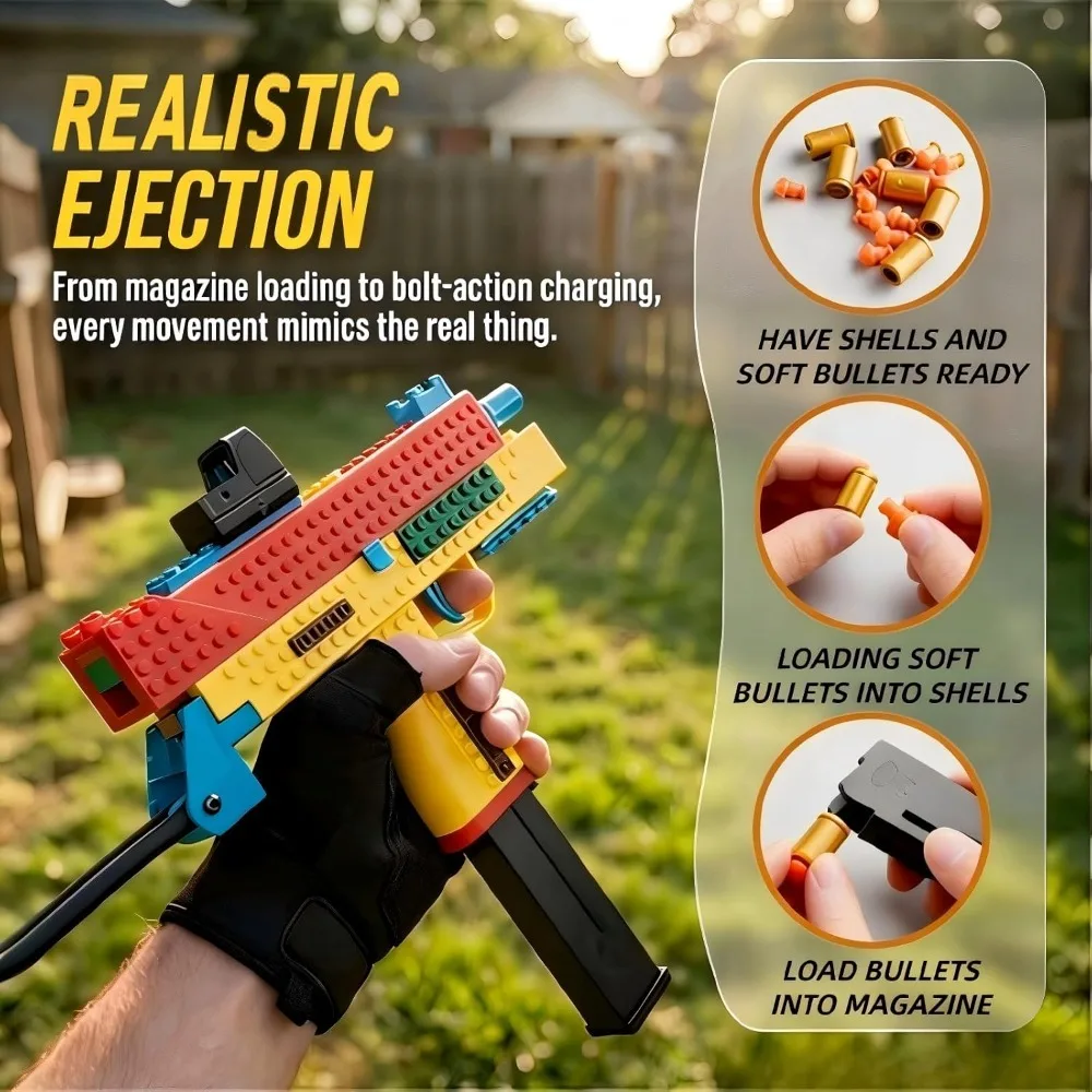 UZI Model Building Block Soft Bullet Gun Toy DIY Assemble Block Gun with Continuous Firing Shell Ejection for Outdoor Shooting